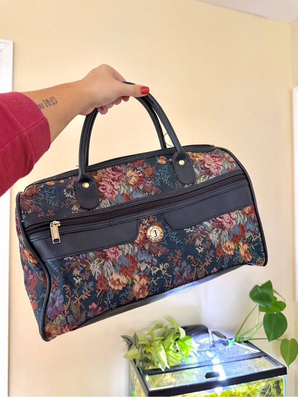 Vintage Jaguar Tapestry Duffel Floral Canvas